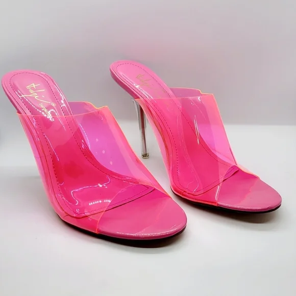 NEW Hot Pink Clear Peeptoe Mule Heels Sz 7 - Picture 9 of 14